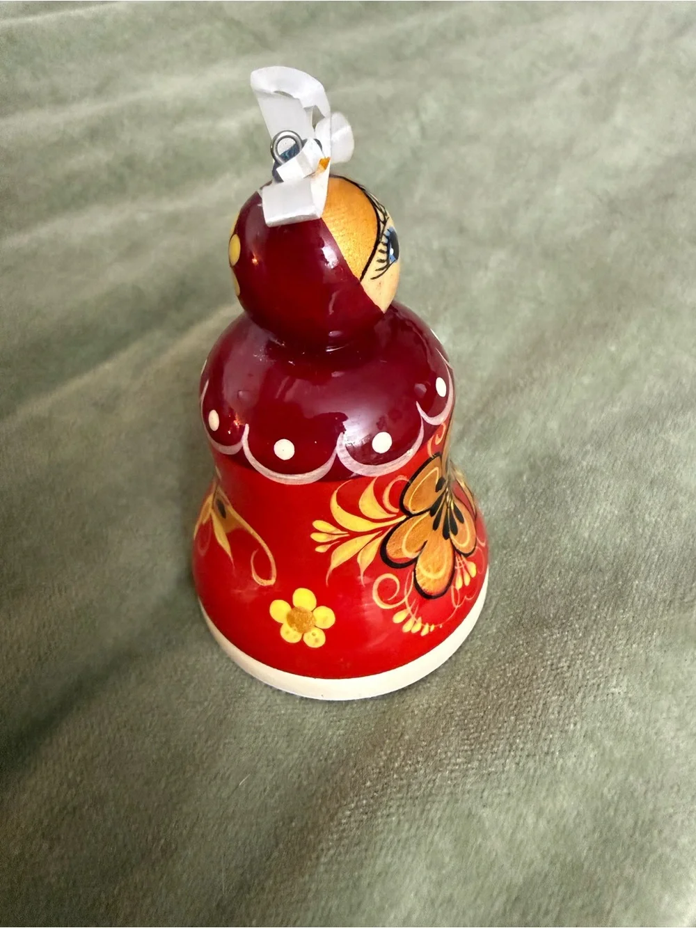 Vintage Hand-Painted Russian Roly Poly Doll Bell Ornament in Red and Gold #